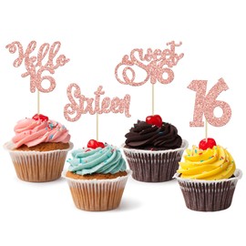 24 piezas de adornos para cupcakes de 16 cumpleaños con purpurina Hello 16 Sweet 16 desde 2007, para dieciséis cumpleaños, boda, aniversario, fiesta, decoración de pasteles, suministros de oro rosa