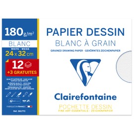 Clairefontaine 96177C - Packung mit 12+3 Blatt gekörntes Zeichenpapier, DIN A4+ 24x32cm 180g, geeignet für Trocken- und Nasstechniken, Weiß, 1 Pack