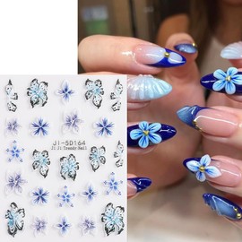 Flower Nail Stickers for Nails Art Self-Adhesive Blue Flowers Nail Decals Spring Summer Flower Nails Designs Decoration Supplies Kit Sticker for Women and Girls DIY Charms