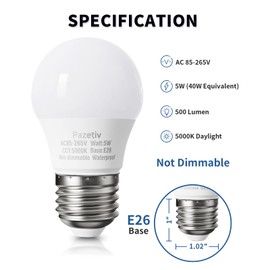 Pazetiv Waterproof LED Refrigerator Light Bulbs 40 watt Equivalent, 120V, Daylight 5000K, E26 Medium Base, Fridge Light Bulb, Freezer Bulb, A15 LED Appliance Bulb, Not Dimmable