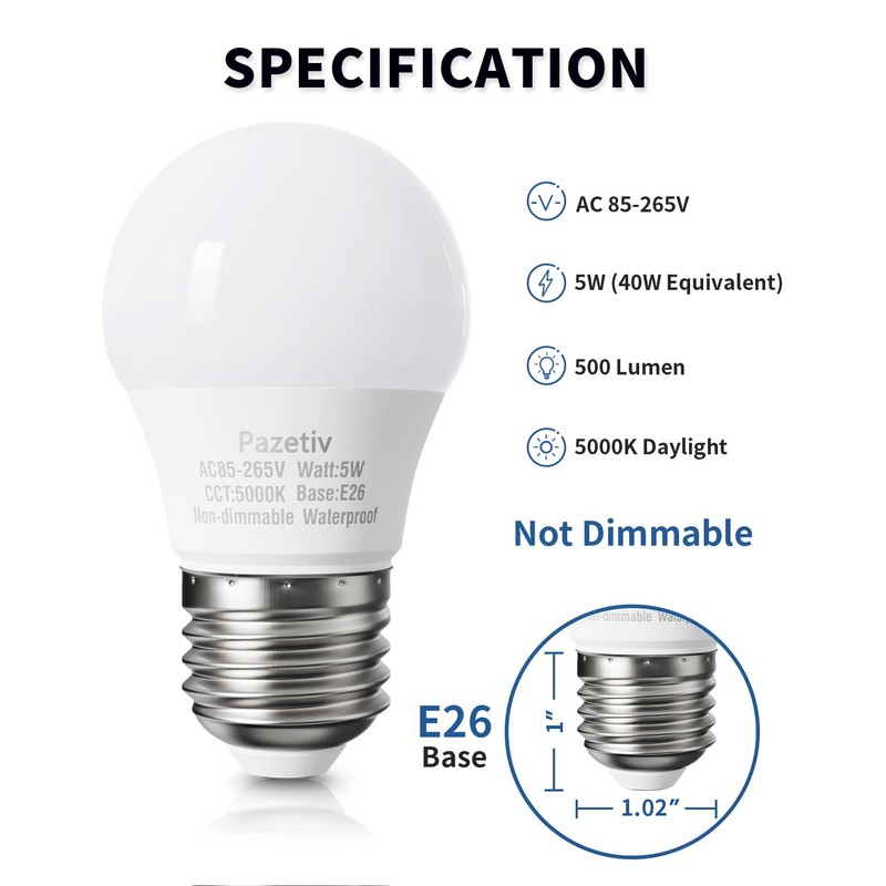 Pazetiv Waterproof LED Refrigerator Light Bulbs 40 watt Equivalent, 120V,