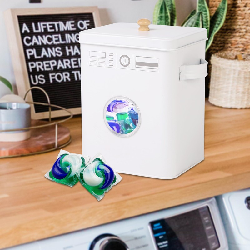 Skywin Metal Laundry Pod Container with Lift-Up Lid Wooden Handle