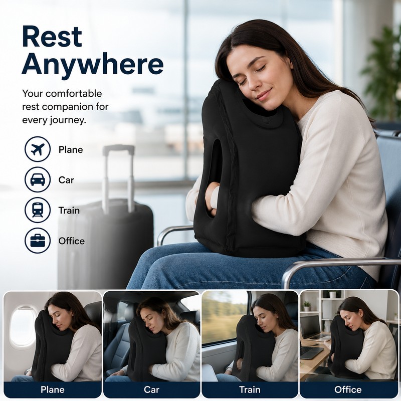 Inflatable Travel Pillow for Neck Support – 45° Headrest Cushion