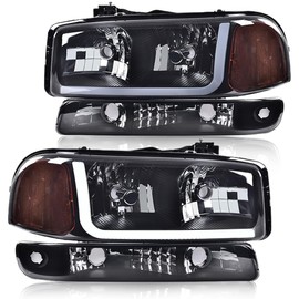 G-PLUS LED DRL Headlights Assembly, Compatible with 1999-2007 GMC Sierra 1500/2001-2007 GMC Sierra 1500 HD Bumper Headlamps, Smoky Lens Black Housing Amber Reflector,faros delanteros