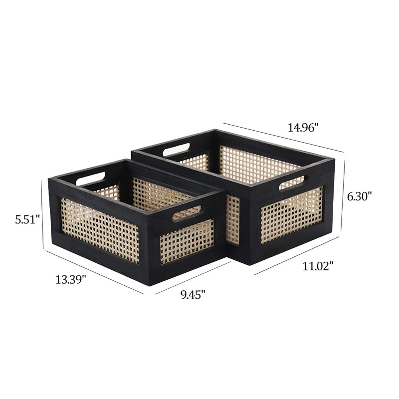 HODAKJUE Wood Baskets, Rattan Storage Baskets for Organizing, Black, Set