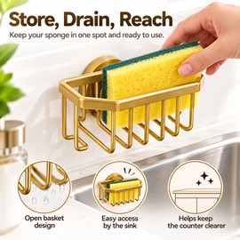 Gold Sink Sponge Holder for Kitchen Organization – Suction Cup Metal Storage Rack for Sponges, Brushes & Sink Accessories