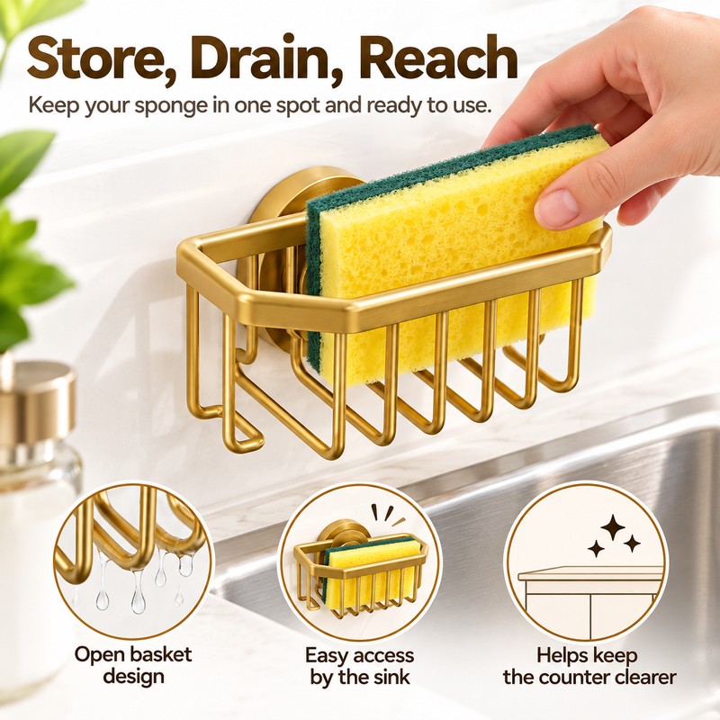Gold Sink Sponge Holder for Kitchen Organization – Suction Cup