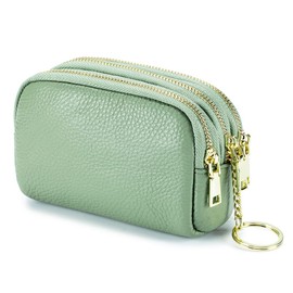 GOOPAI 3 Zippered Genuine Leather Coin Purse Triple Capacity Change Pouch Little Travel Wallet with Key Ring for Women