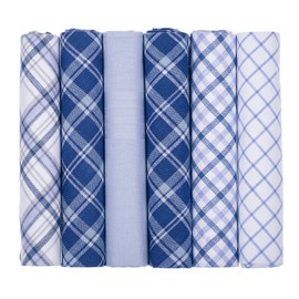 6 Pack Mens Gents Handkerchiefs Mixed Blue and White Check Plaid and Plain Dyed 100% Cotton Handkerchief Hankies GIFT BOXED