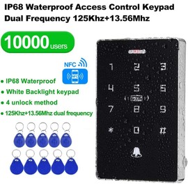 FTes RFKits IP68 Weatherproof NFC Dual Frequency Access Control System with 5 ID Keychains, 5 IC Keychains, Support 10,000 Users, Backlight, Touch Panel