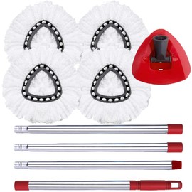 ANREKEYH Spin Mop Replace Head, Base, Handle Compatible with O Cedar EasyWring Microfiber Spin Mop, 4 Mop Refills Replacement Heads, 30-58in Mop Handle and 1 Mop Base Combo Set (White (1-Tank System))