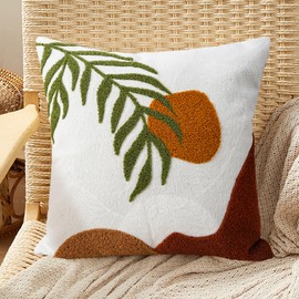 Merrycolor Boho Decorative Throw Pillow Covers 18x18 Tufted Green Decorative Pillows Covers Sun Leaf Mid Century Modern Throw Pillows for Bed Couch Sofa Living Room 1PC