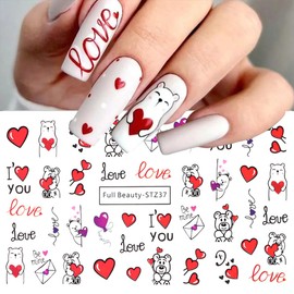 12 Sheets Valentine's Day Nail Stickers Heart Water Transfer Nail Decals Bear Lips Love Letter Hearts Design DIY Valentines Nail Art Supplies Cute Heart Nails Art Sticker for Women Girls Acrylic Nails