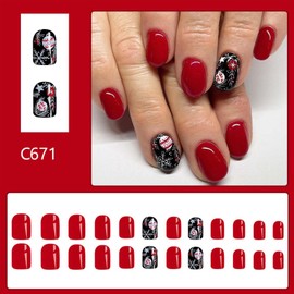 Christmas Press on Nails Short Square Fake Nails Red False Nails with Snowflake Design Black Acrylic Nails Artificial Nails Press Ons Full Cover Glossy Glue on Nails Stick on Nails for Women 24Pcs
