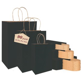 vanhel 90 pack Black Paper Bags with Handles,Black Gift Bags with Handles, Assorted Sizes Bulk Black Paper Gift Bags for Business, Merchandise, Retail, Favors Grocery, Shopping