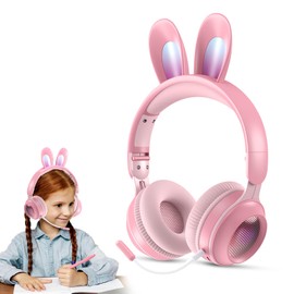 Kids Wireless Earphones, Cute Rabbit Ears Headset with Microphone, Physical Noise Reduction-Foldable Bluetooth 5.0- Over-Ear Headphones with LED Color Light (Pink)