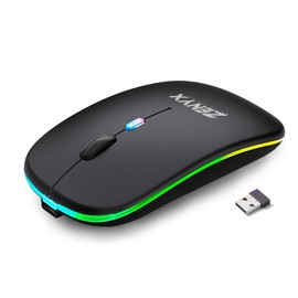 Zenyx Wireless Rechargeable Mouse, Dual Mode with USB Receiver & Bluetooth 5.1, 2.4GHz, Slim Portable Mouse with LED Lights, Silent, Compatible for Laptop Windows MAC Android PC & Computer, Black