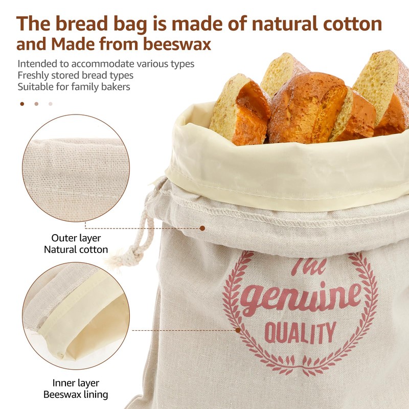 FwQoFvk 2 Pcs Bread Bag with Beeswax Lining, Reusable Cotton