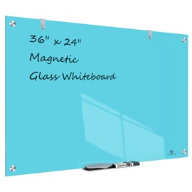 TSJ OFFICE Glass Dry-Erase Board - 36 x 24 Inches Wall Mounted Magnetic Whiteboard, Large Frameless Glass White Board for Office, Home & School, Blue