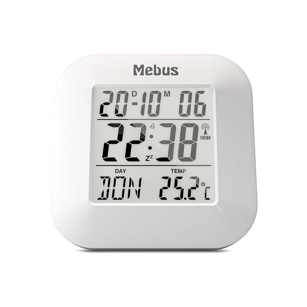 Mebus digitaler Funk-Wecker mit Thermometer, Datumsanzeige und Beleuchtung, Snooze-Funtion, Kunststoff, Weiß, 8 x 8,5 x 1,8 cm