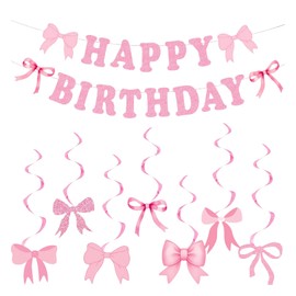 Pink Bow Birthday Party Decorations for Girls and Women, Coquette Birthday Banner and Hanging Swirls, Cute Pinks Bow Party Decor for Baby Shower, Bachelorette (Pink)