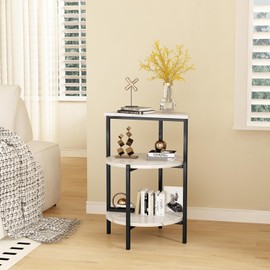 AWQM Marble End Table, 3-Tier Sofa Side Table, Small Round Bedside Table, Corner Table w/Metal Frame for Living Room Bedroom, White+Black