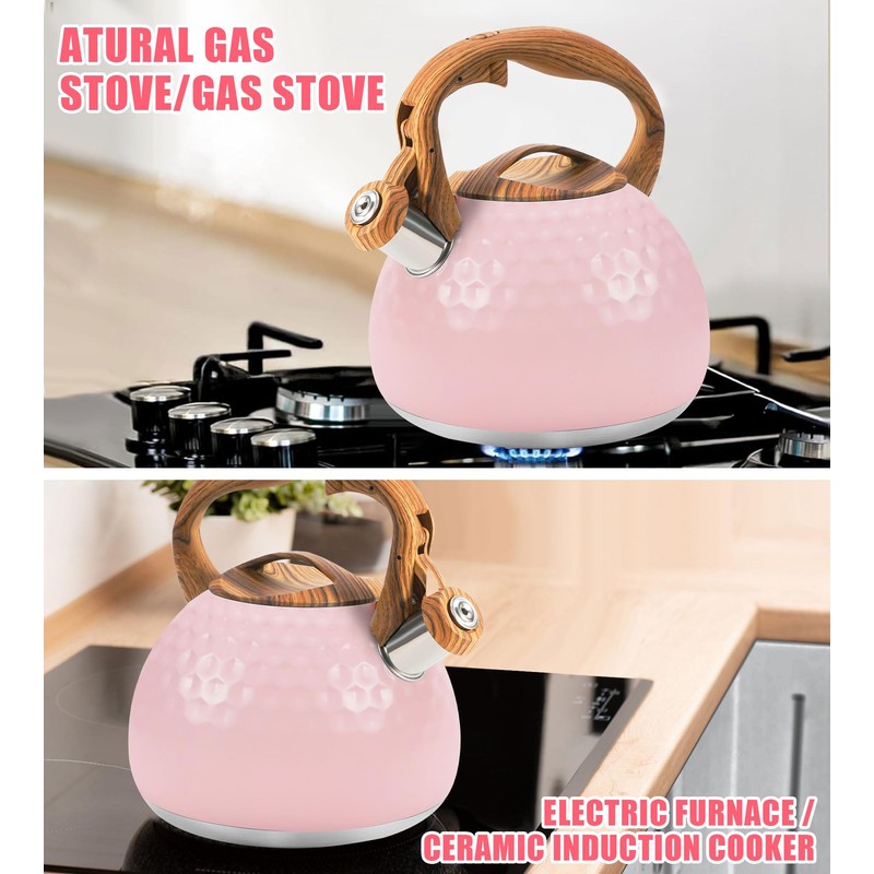 Foedo 3.2Qt Stainless Steel Whistling Tea Kettle Stovetop, Pink