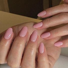 24pcs Almond Nails French Tip - Light Pink False Nails with Glue - Nude Press on French tip - Almond Fake nails - Reusable Ballerina Acrylic Full Cover Stick on Nail for Women Girls Nail Art