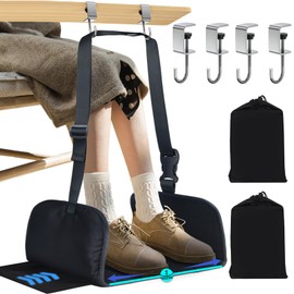 PENGARO Airplane Foot Rest, Office Footrest Under Desk with 4 Hooks, Widen Airplane Footrest Flight Hammock Memory Foam Travel Footrest Plane Foot Sling for Work Gaming Travel Essentials, Black