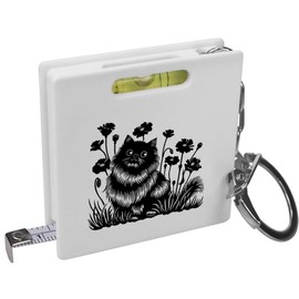 Azeeda 'Happy Fluffy Cat in Garden ' Keyring Tape Measure/Spirit Level Tool (KM00042401)