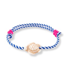 happymaker - Boho Armband Frauen, Segeltauarmband weiss blau gestreif mit Schildkröte, Schiebeknoten in pink neon, größenverstellbar, wasserfest und handmade