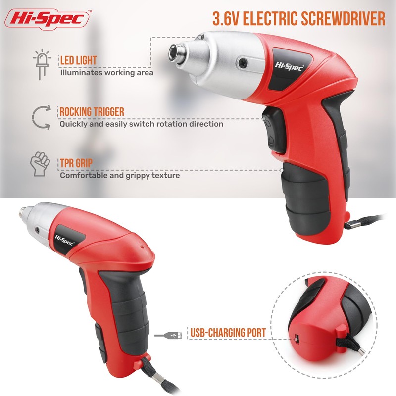 Hi-Spec 27pc 3.6V Red Small Power Electric Screwdriver Set. Cordless