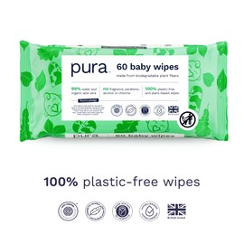 Pura Natural Sensitive Baby Wipes, 99% Water, Unscented & Hypoallergenic, Suitable for Sensitive & Eczema-prone Skin, Fragrance Free & Hypoallergenic, EWG Verified, 3 x 60 per pack (180 Wipes)
