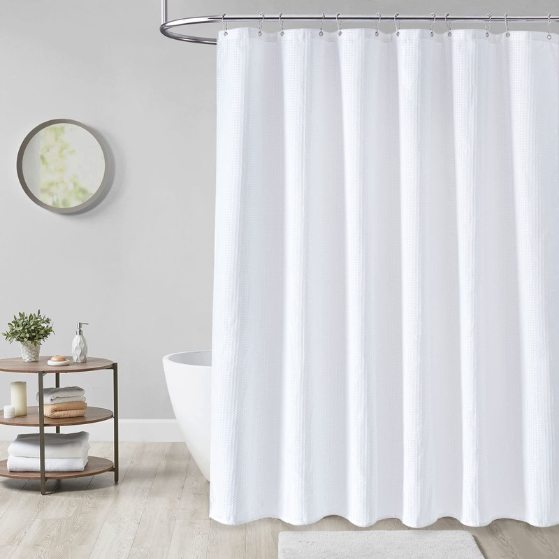 Dynamene Long White Fabric Shower Curtain - Waffle Textured Tall