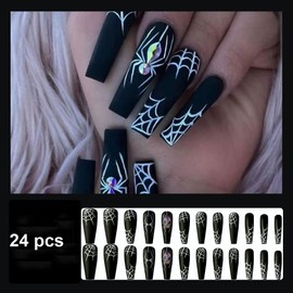 Magrace Black Press on Nails Long Coffin Fake Nails with Rhinestone French False Nails Press on 24 pcs Stick on Nails for Women and Girls