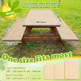 BBTO 3 Pieces Vinyl Picnic Table and Bench Fitted Tablecloth Cover 72" x 30" Waterproof Elastic Table Cover Flannel Backed Table Cloth Rectangular Fitted Cover for Table (Dark Wood Grain Pattern)