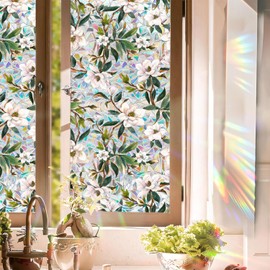 Stained Glass Window Cling,Rainbow Tinted Window Film Sun Blocking,Floral Window Privacy Faux Stained Glass Stickers, Magnolia Flower Stained Glass Window Decal for Home (A, 17" W x 39.37" L)