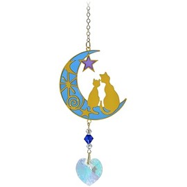 Wild Things Gifts Crystal Suncatcher - Two Cats In Crescent Moon with Star - Hanging Crystal Ornament With Gold Details - Rainbow Effect