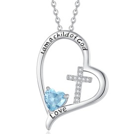 RAODA I Am a Child of God Birthstone Necklace - Heart Initial for Girls 4-8, 18K White Gold Plated, Baptism & First Communion Gift (Lab Grown Aquamarine)