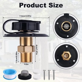 RV City Water Inlet Connection with Brass Check Valve, 3/4" NH Female & 1/2" NPT Male RV Fresh Water Fill Inlet Flange for Camper Motorhome Trailer Marine Replacement Hose Connector Fitting