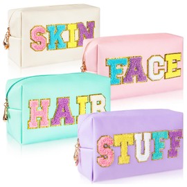 ZAUGONTW - Juego de 4 bolsas de maquillaje con parches de chenilla, bolsa de aseo de piel sintética, impermeable, bolsa de pelo con parches de nailon con cierre, organizador de maquillaje para mujer,