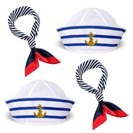 TaleMoon Sailor Costume Fancy Dress, Sailor Hat and Sailor Scarf, Blue/White Striped Captain Costume, Fancy Dress Costumes for Men and Women