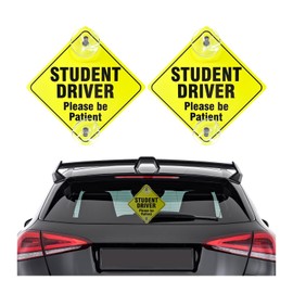 Ohleats 2PCS Student Driver Sticker for Car Window, 5"x5" Please Be Patient Student Driver Safety Sign with Suction Cups, Removable New Driver Warning Decal, Car Accessories (Black)