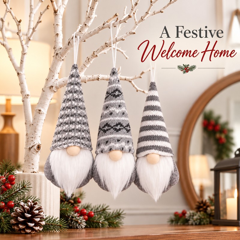 Christmas Gnome Hanging Ornaments - 3-Piece Gray Set with Patterned