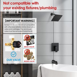 Esnbia Tub Shower Faucet Set (Valve Included) with 6-Inch Rain Shower Head and Tub Spout, Black Shower Head and Handle Set，Single-Handle Tub and Shower Trim Kit, Matte Black