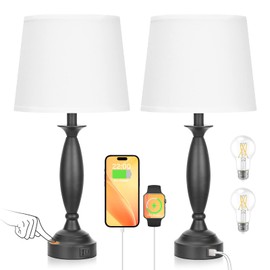 White Lamps for Bedrooms Set of 2 - Touch Control Bedside Lamp with USB C+A, 3 Way Dimmable Nightstand Lamps with USB Port, Table Lamp for Living Room(White Shade and Black Base)