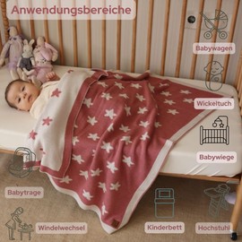 Little Dedi Stars Baby Blanket 80 x 100 cm - Soft, Reversible Acrylic Knitted Blanket with Bow - Oeko-Tex Certified - Antique Rose