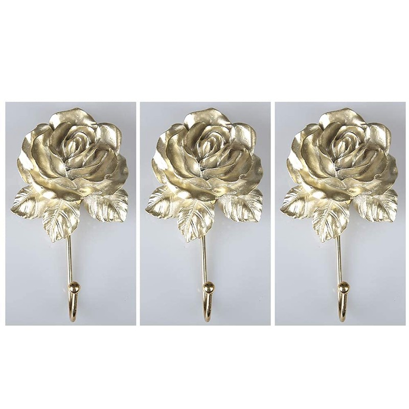 OPENDGO Rose Resin Golden Wall Hooks Wall Mounted Creative Flower