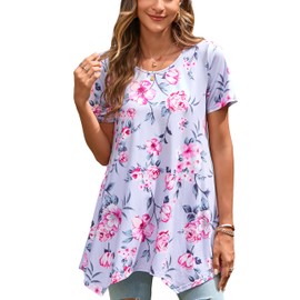 ENMAIN Tunic Tops for Women Plus Size Short Sleeve Top Loose Fit Dressy Casual Swing Summer Tops to Wear with Leggings, Light Purple Pink Floral, XX-Large