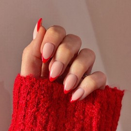 30 PCS Red French Tip Press On Nails Short Almond,Medium Fake Nails French Nails Press ons,Oval Acrylic Nails Glue on Nails Medium,Natural Short Almond Nails False Nails for Women in 15 Sizes